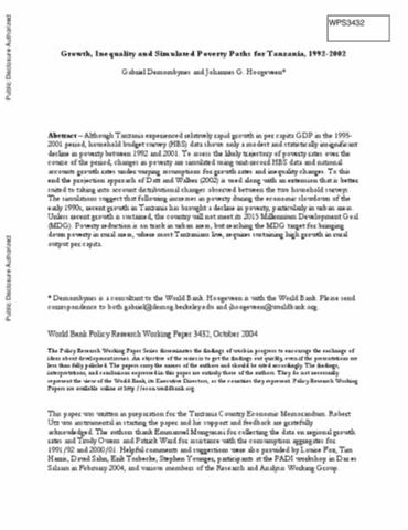 Cover of Growth, Inequality and Simulated Poverty Paths for Tanzania, 1992–2002